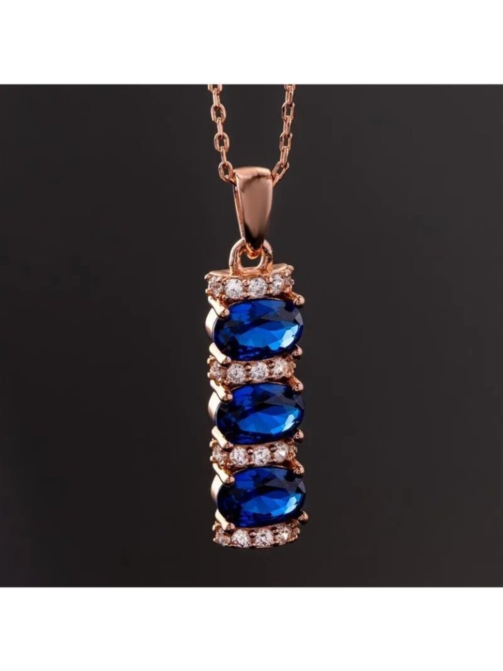 Stauer Simulated Dark Blue Sapphire Stress-Free Necklace 18" Rose Gold NEW BOXED